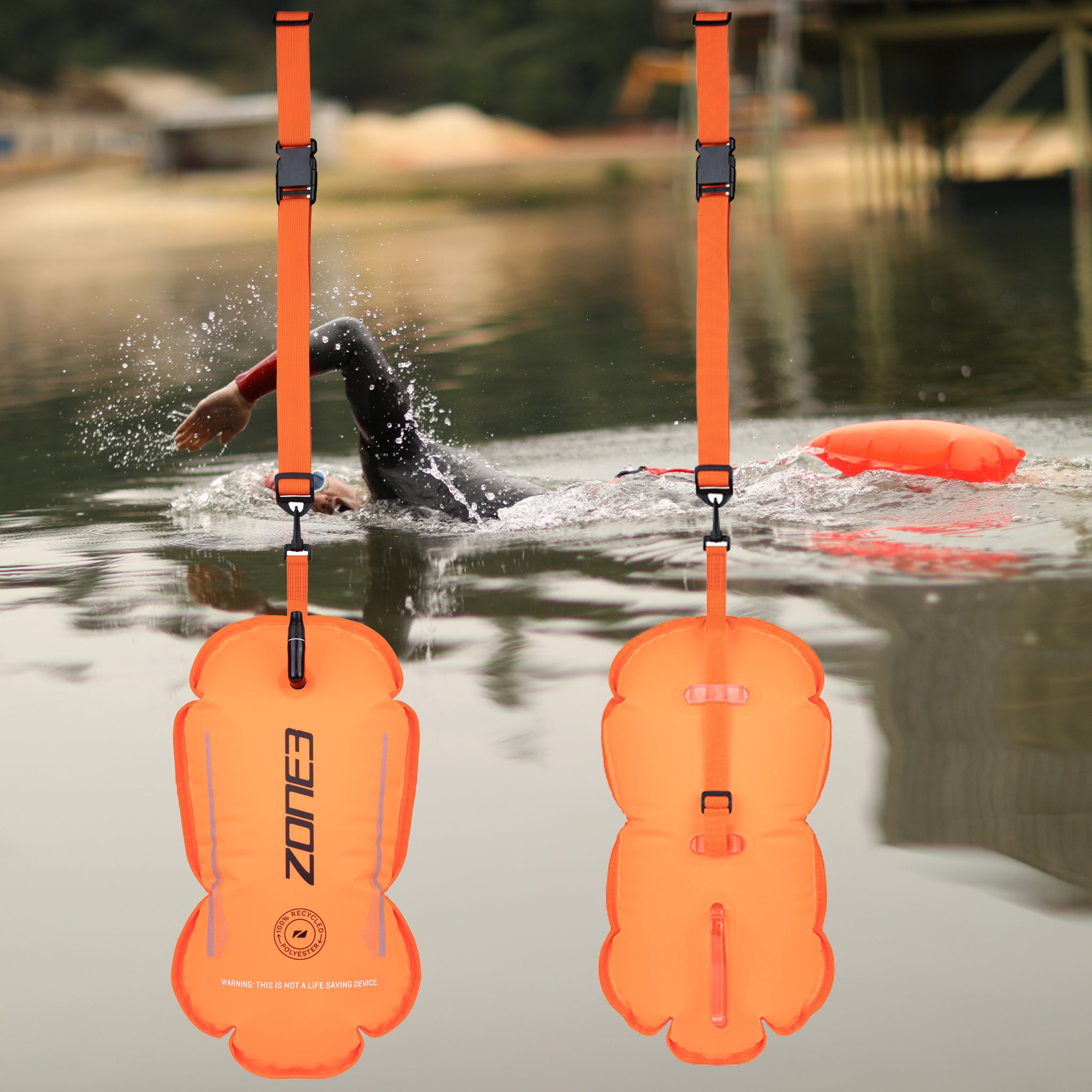 Zone3 Recycled Swim Safety Buoy Tow Float Orange with swimmer