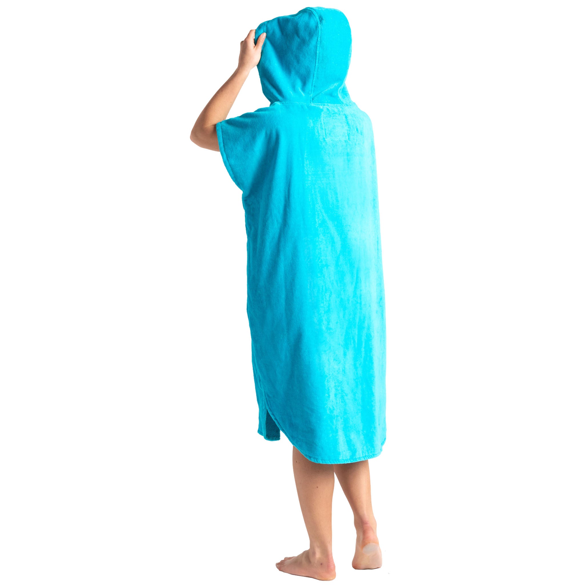 Robie Robes Original Towelling Beach Changing Robe Poncho - Blue Atoll Back with Hood Up
