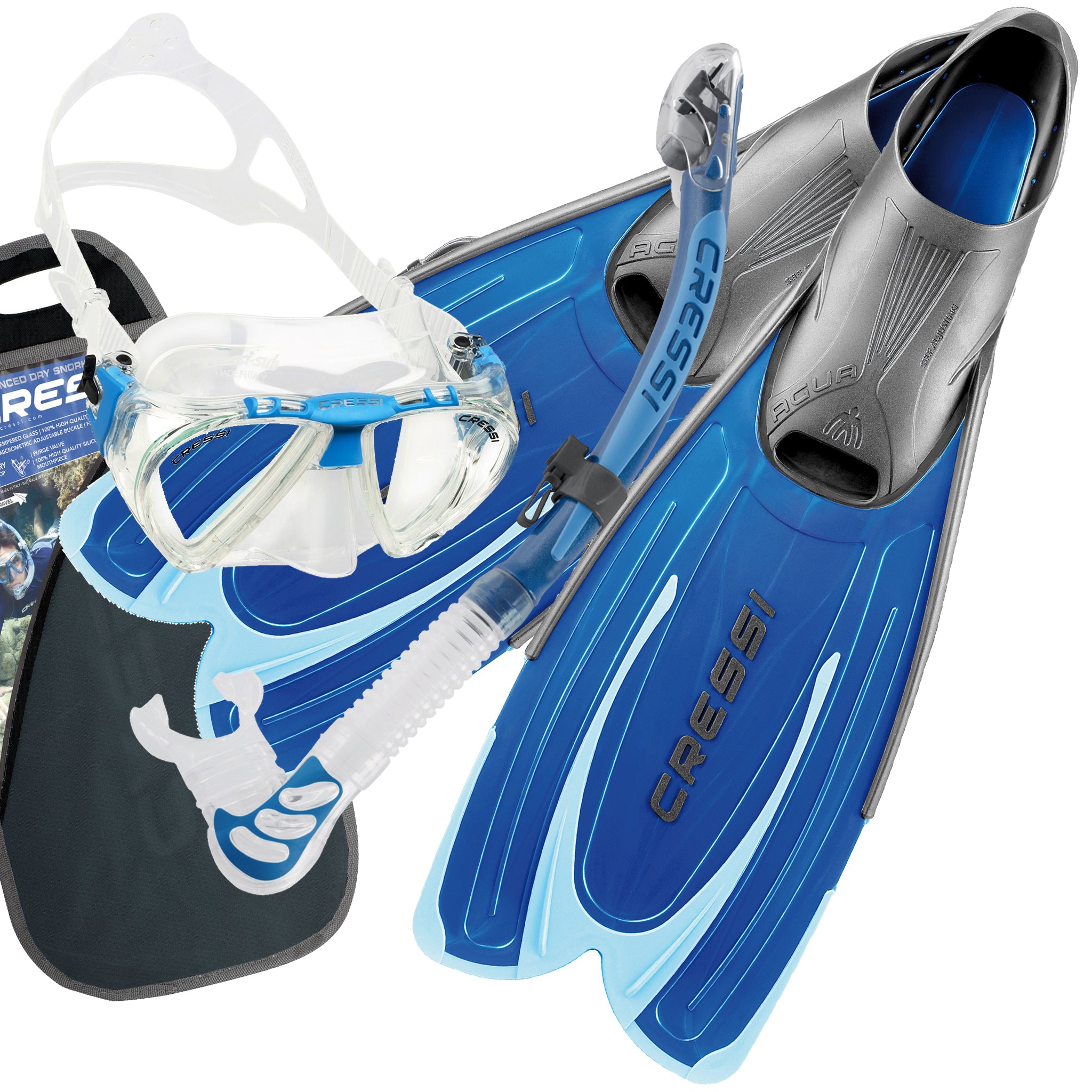 Cressi Penta Mask & Alpha Ultra Dry Snorkel Set & Cressi Agua Adult Snorkelling Fins