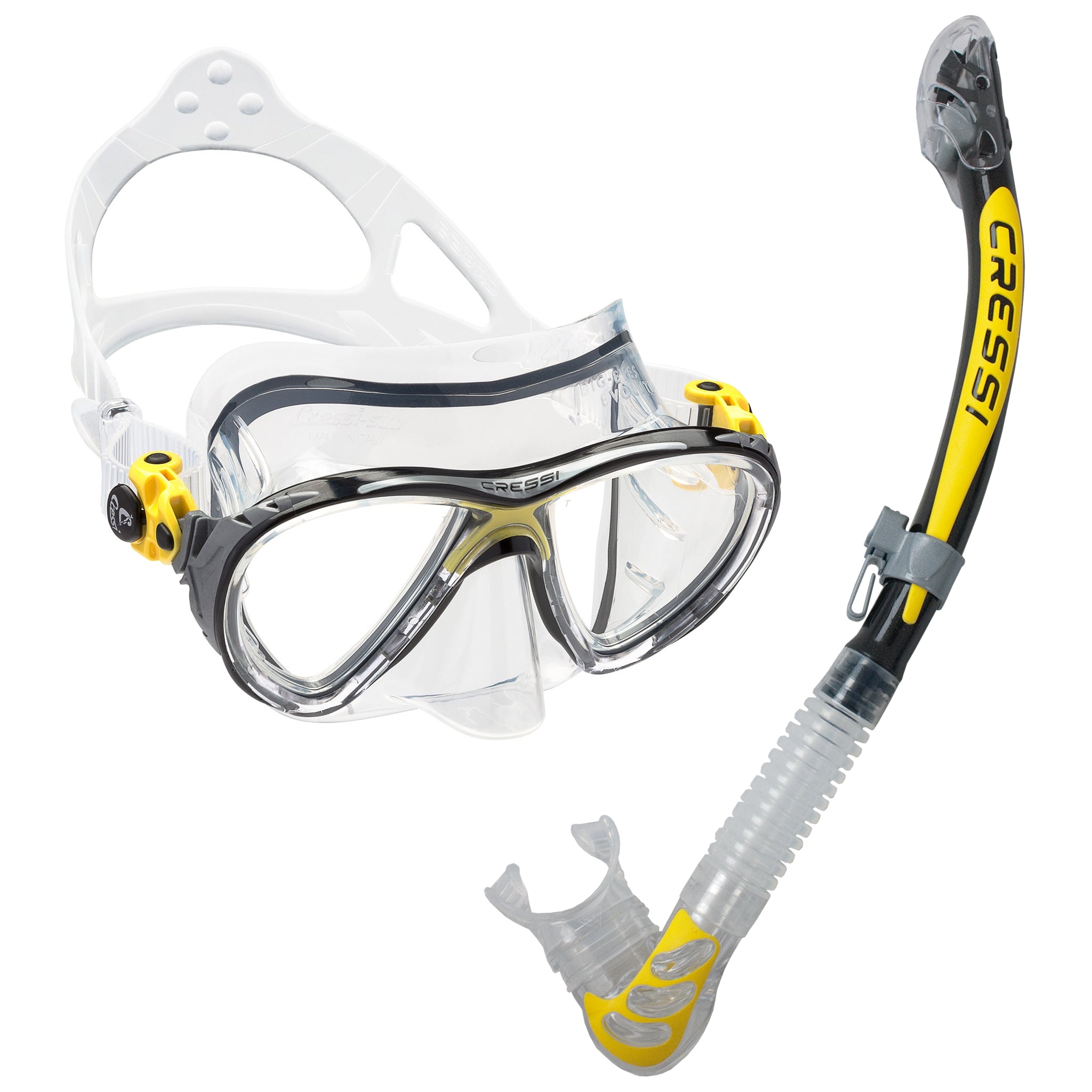 Cressi Big Eyes Evo Mask & Alpha Ultra Dry Snorkel set | Yellow Clear