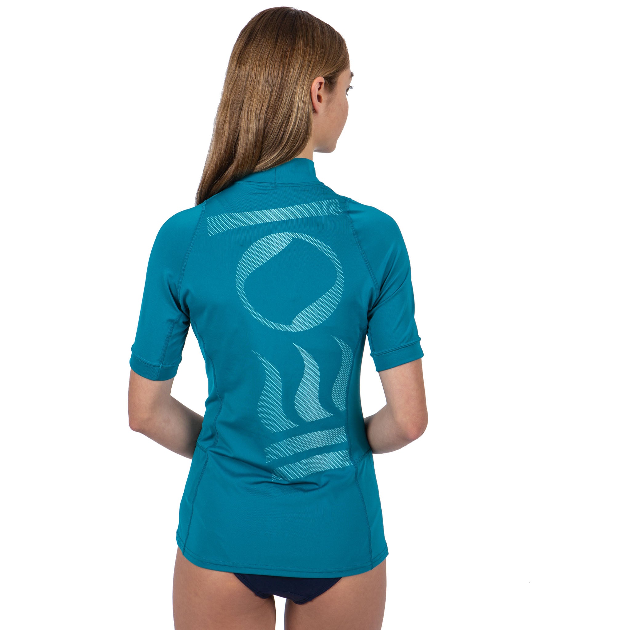 Fourth Element Women's Hydroskin Ocean Positive Short Sleeve Rash Guard Back Logo