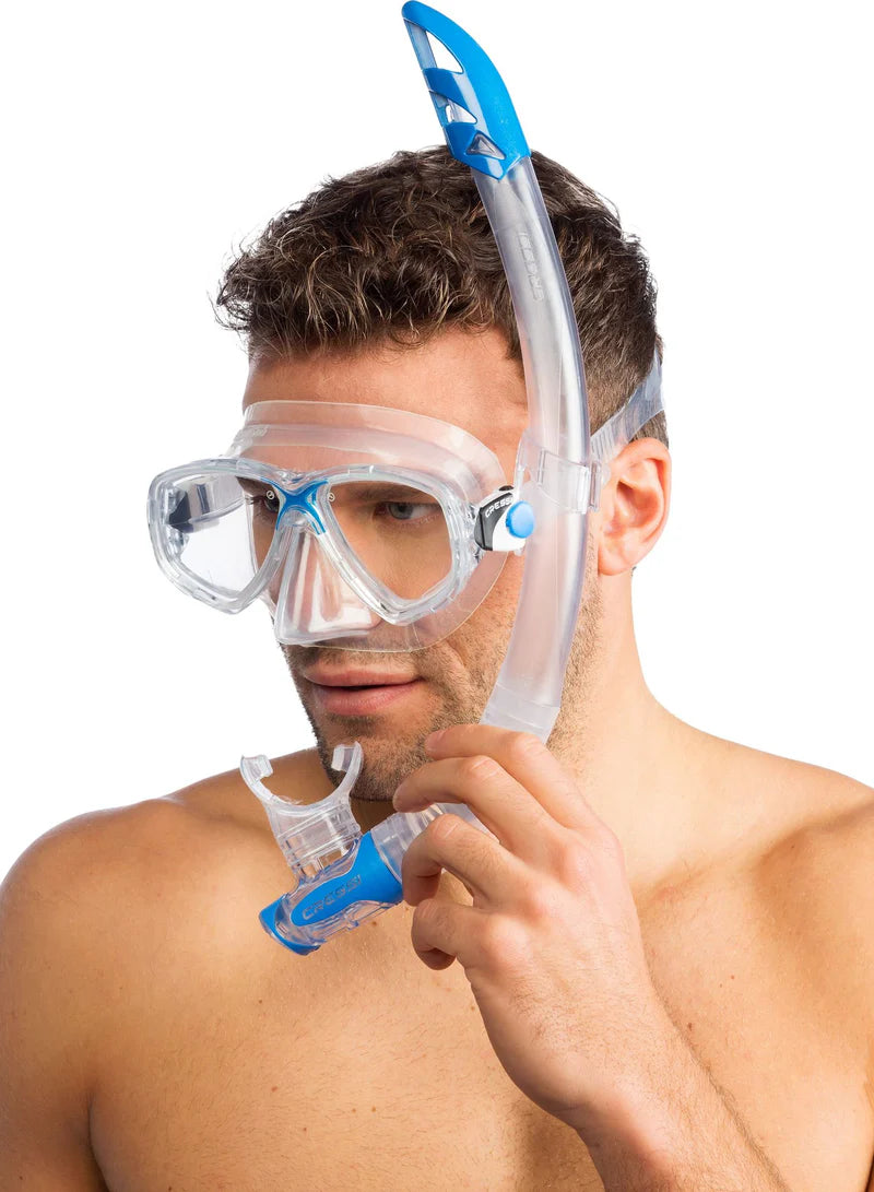 Cressi Marea & Gamma Snorkel Combo  | Clear Blue Modelled showing side view with Gamma Snorkel attached on Left side