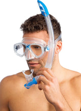 Cressi Marea & Gamma Snorkel Combo  | Clear Blue Modelled showing side view with Gamma Snorkel attached on Left side