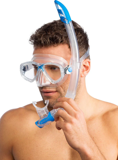 Cressi Marea & Gamma Snorkel Combo  | Clear Blue Modelled showing side view with Gamma Snorkel attached on Left side