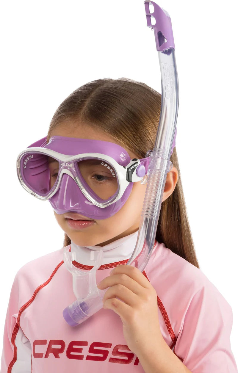 Cressi Marea Junior Mask & Snorkel Lilac | Modelled showing side view and snorkel on left side