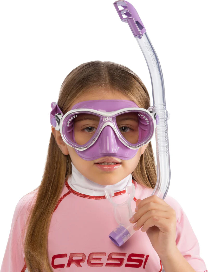 Cressi Marea Junior Mask & Snorkel Lilac | Modelled showing front view and snorkel on left side