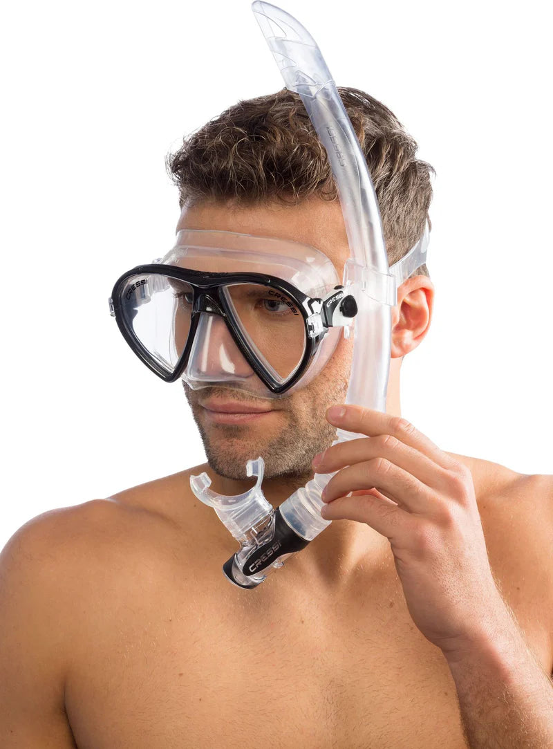 Cressi Ocean Mask & Gamma Combo Black | Modelled showing side view with snorkel on the Left hand side