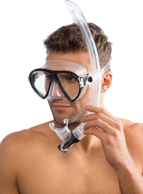 Cressi Ocean Mask & Gamma Combo Black | Modelled showing side view with snorkel on the Left hand side