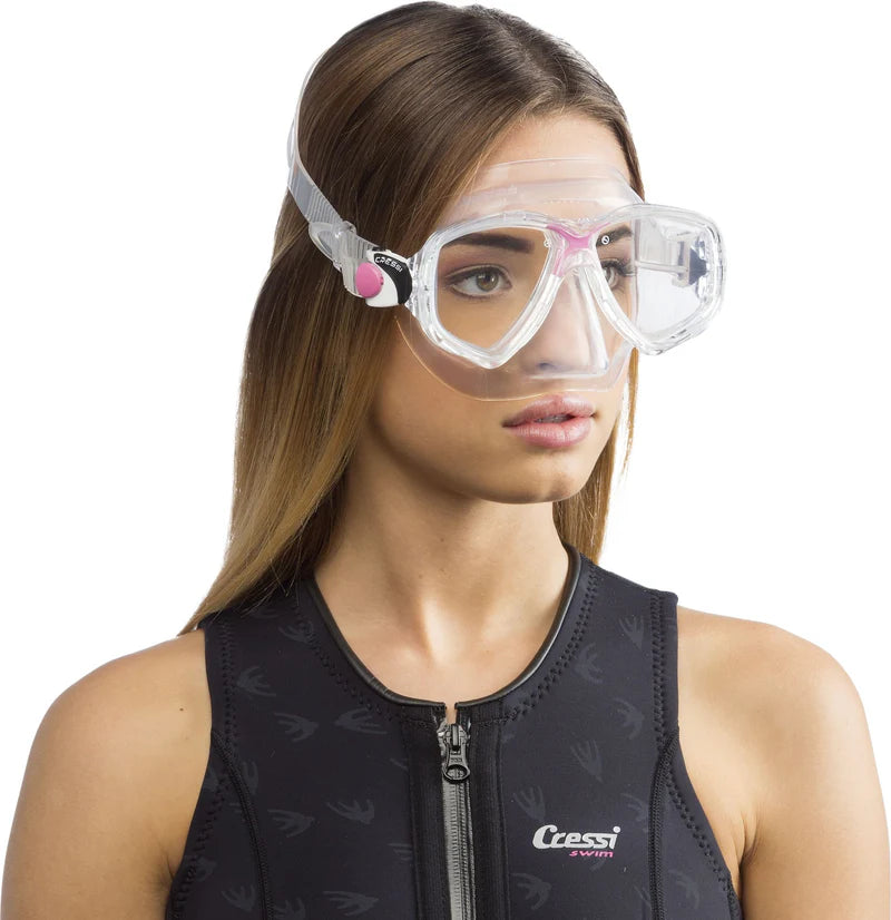 Cressi Marea Mask | Clear Pink Modelled showing side view