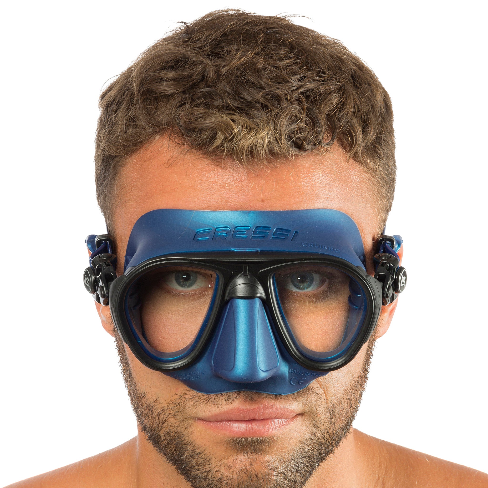 Cressi Calibro Mask  Blue | Modelled showing front view