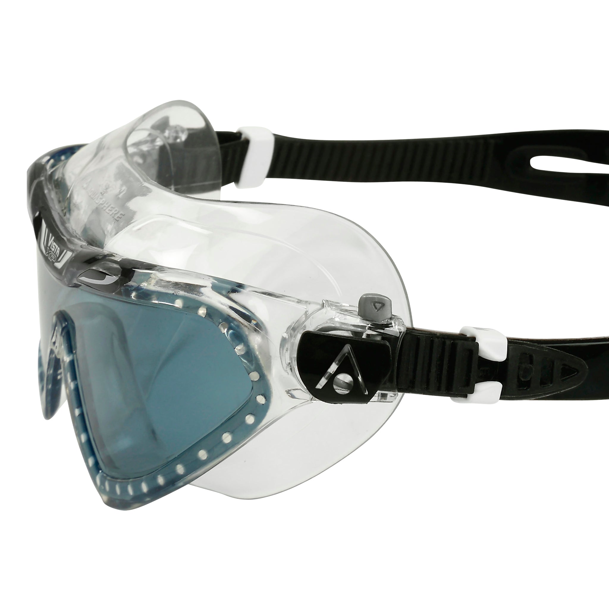 Aquasphere Vista XP Swimming Goggles Mask | Side View showing  Easy Adjust mask strap clips