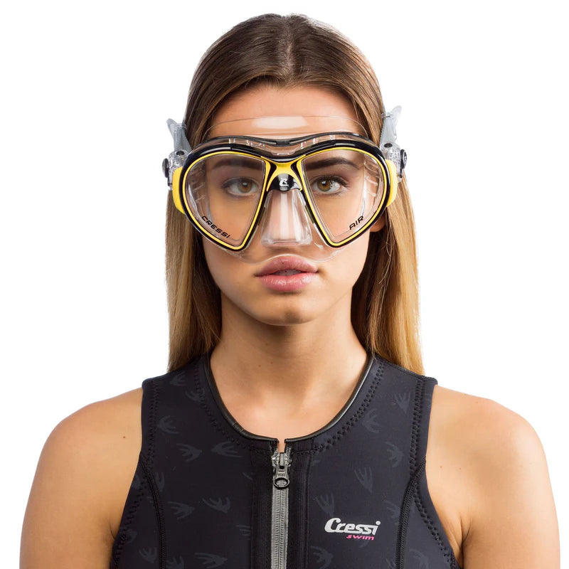 Cressi Air Black Diving Mask | Clear Yellow Modelled Adult female showing front view