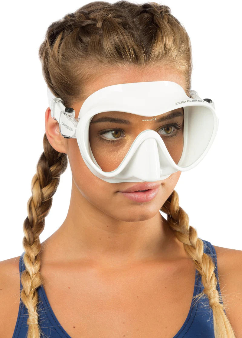 Cressi F1 Dive Mask | Modelled by Adult female showing the side of the mask in White
