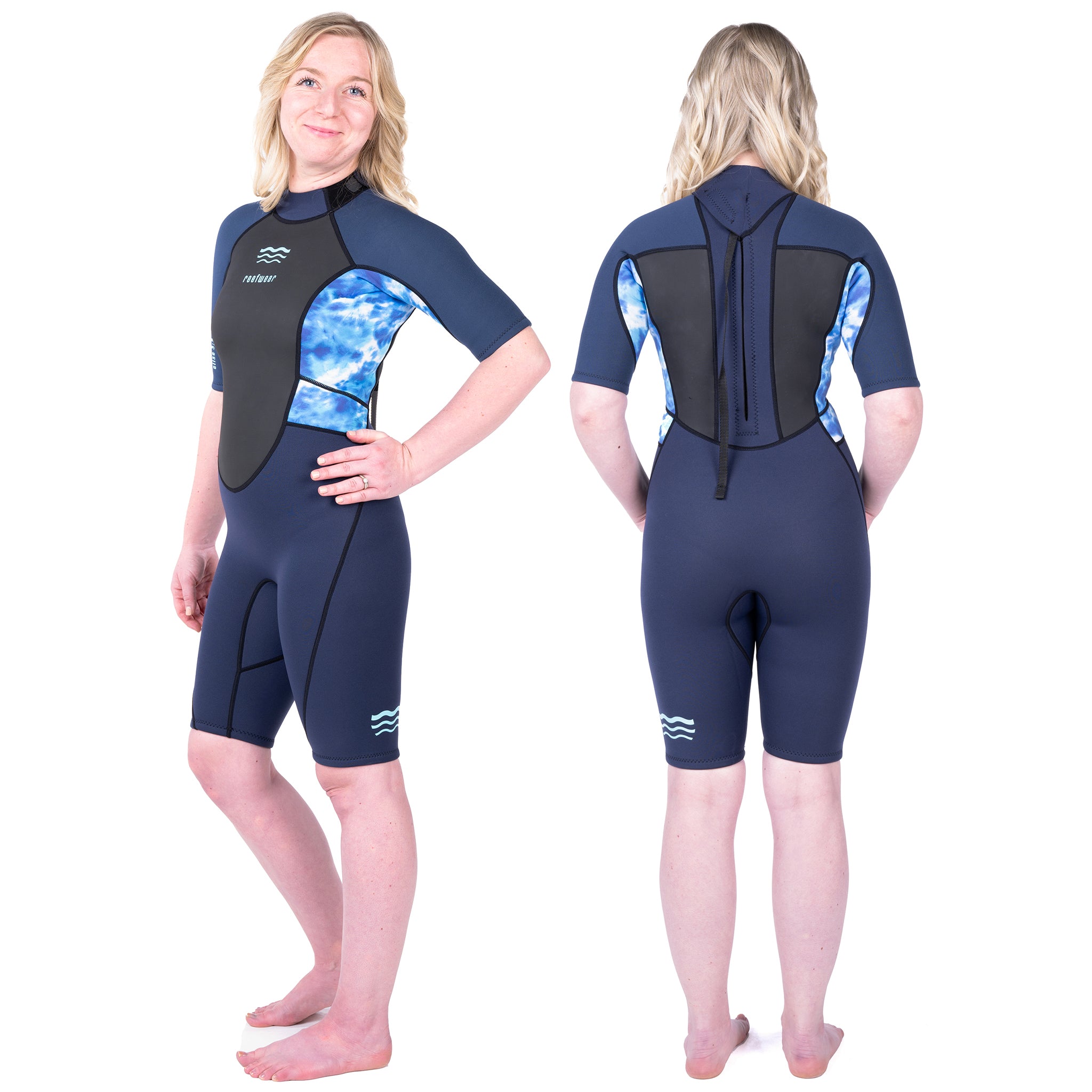 Reefwear Elise 3/2mm Women's Shortie Wetsuit | Torso side patterned panle and back view