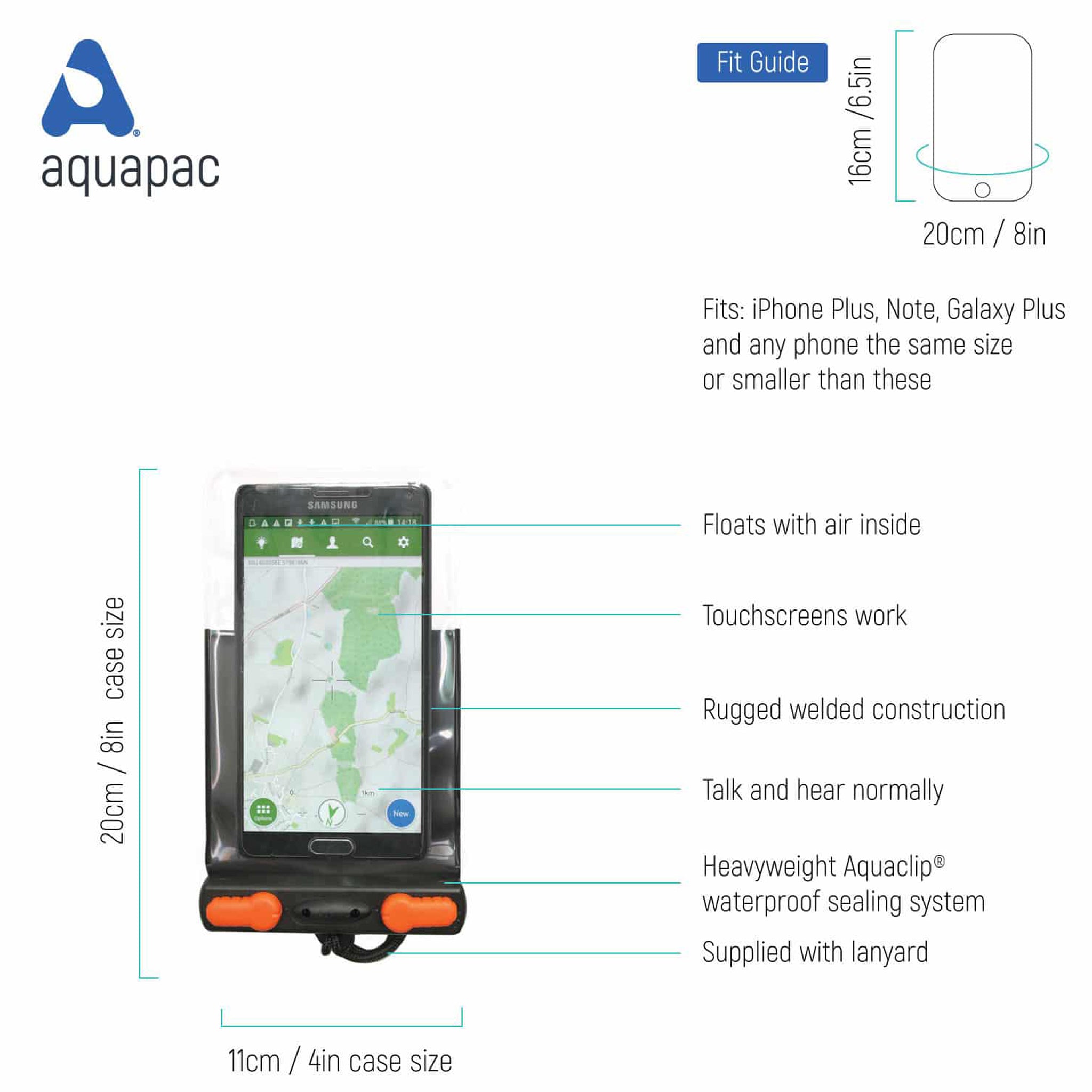 Aquapac Aquasac Economy Phone Dry Pouch Case Fits all iPhones up to 13 or similar | Dimensions