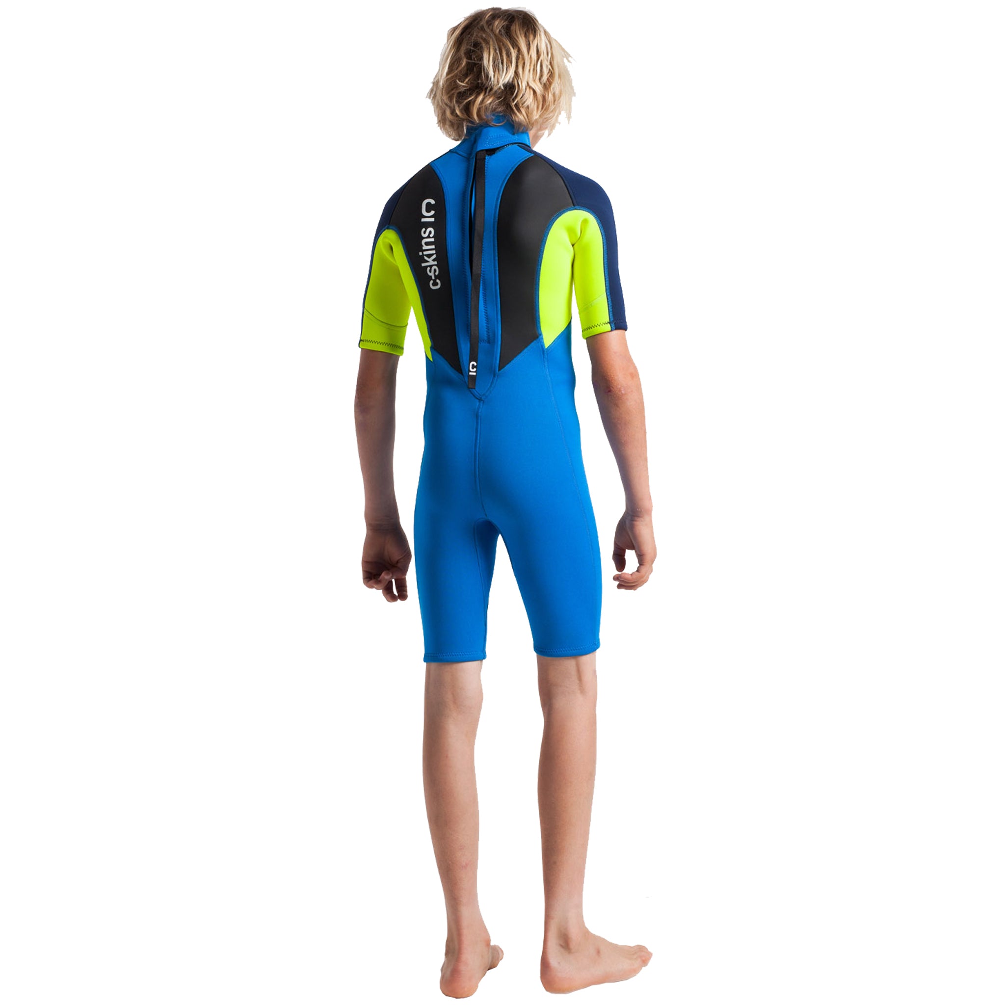 C-Skins Element Junior Boys and Girls 3/2mm Shortie Wetsuit | Cyan Yellow Navy - Back