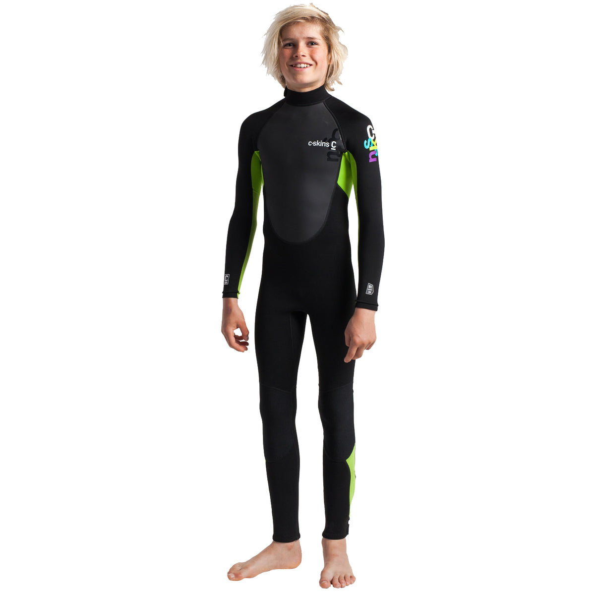 C-Skins Element Junior Boys & Girls 3/2mm Wetsuit in Black and Lime - Front