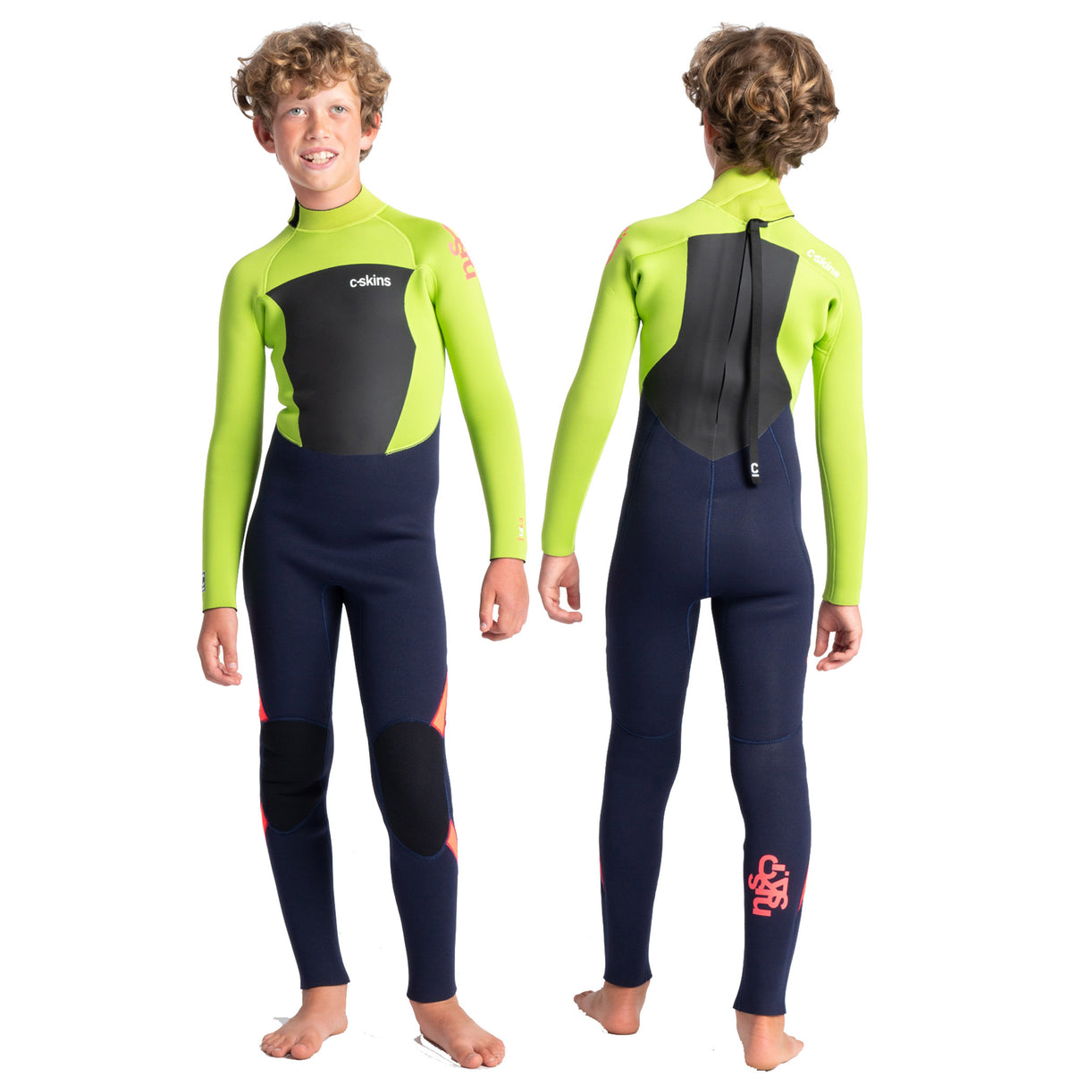 C-Skins Legend 4/3mm Junior Wetsuit | Ink Blue/Lime/Flo Red Front & Back