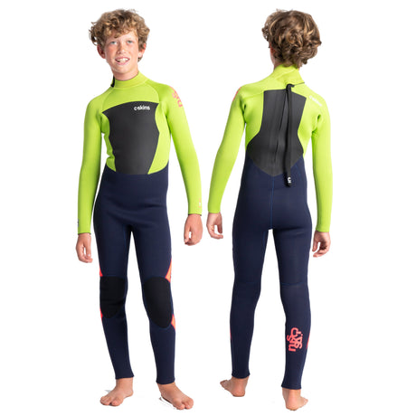 C-Skins Legend 4/3mm Junior Wetsuit | Ink Blue/Lime/Flo Red Front & Back