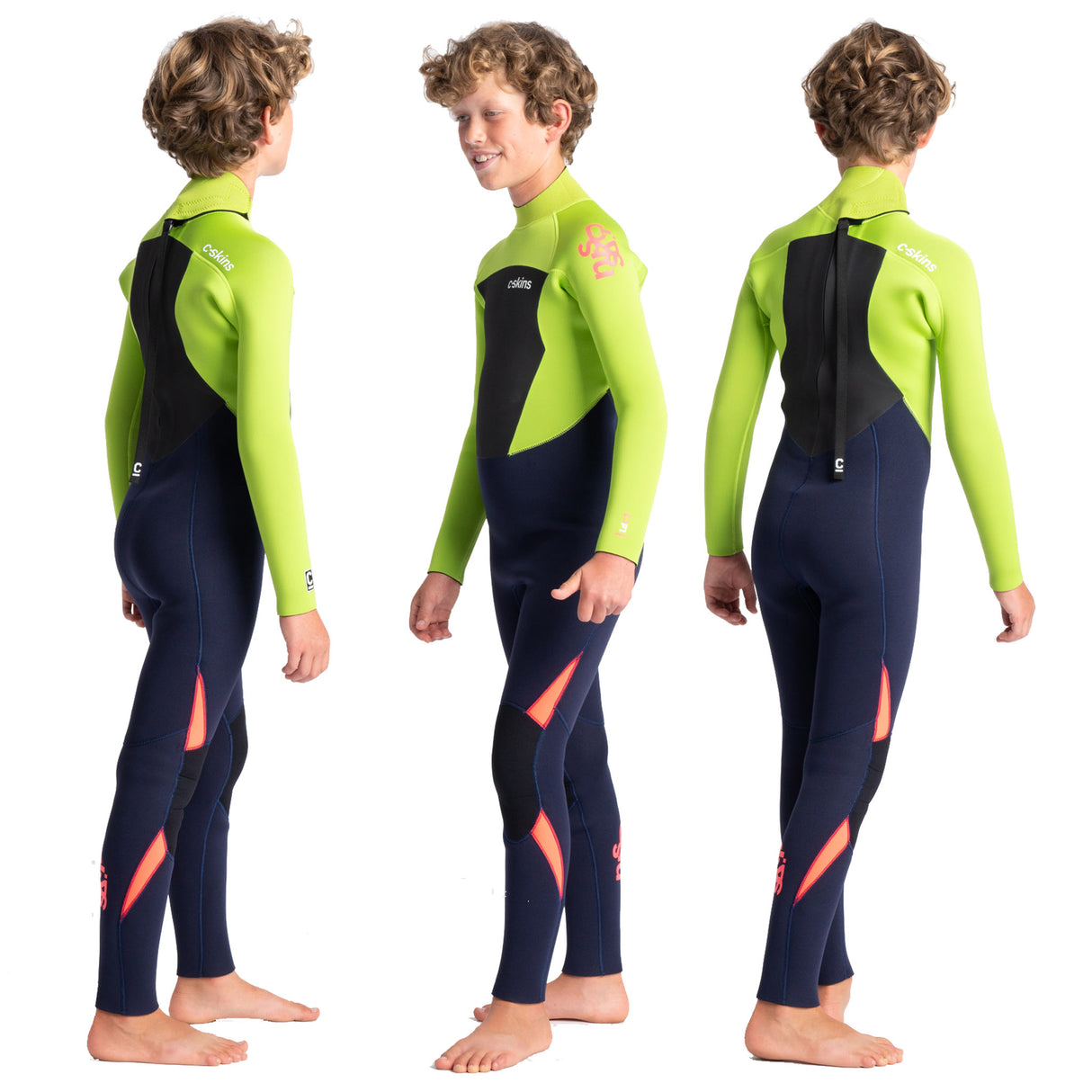 C-Skins Legend 4/3mm Junior Wetsuit | Ink Blue/Lime/Flo Red - Sides