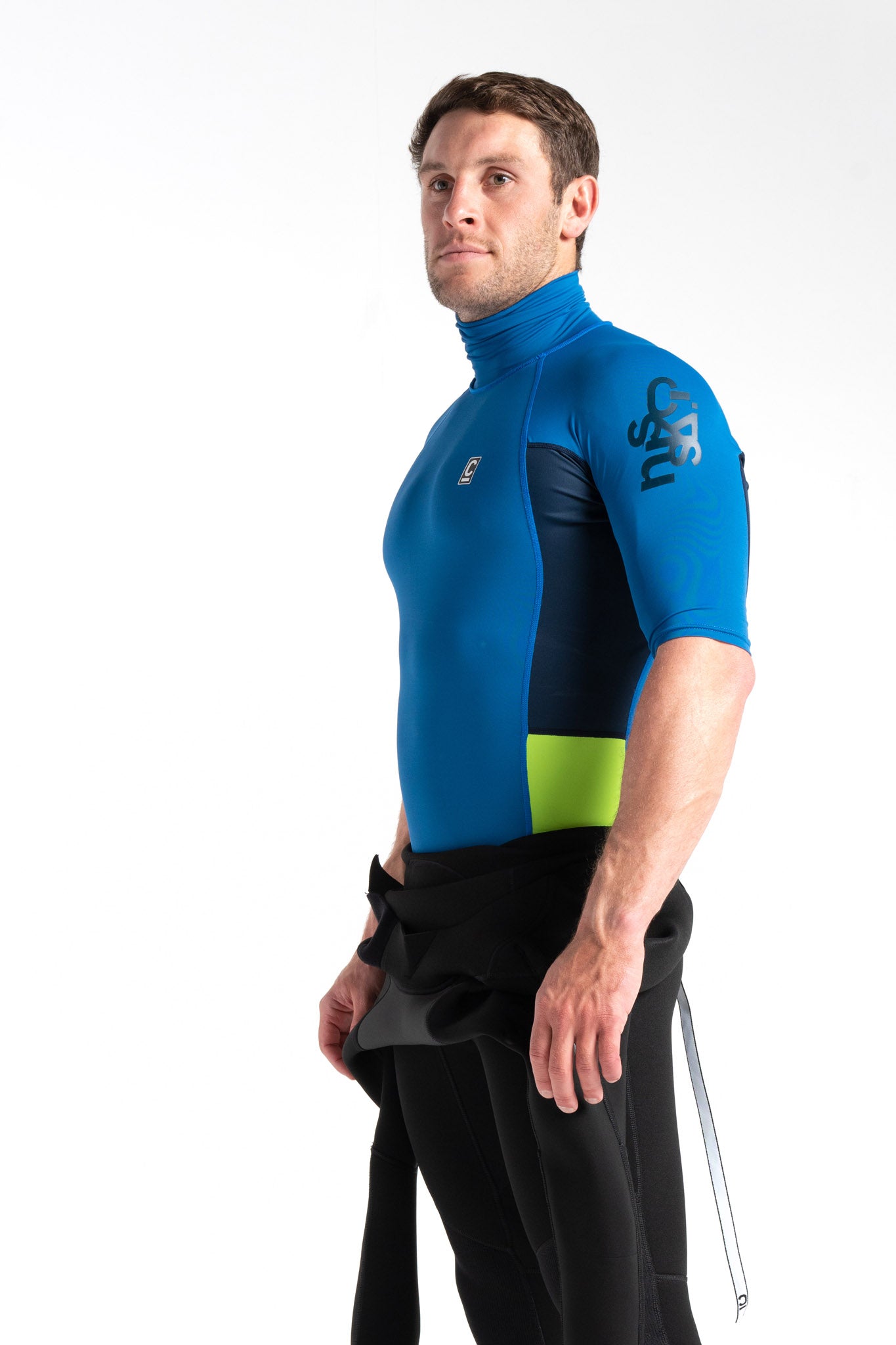 C-Skins UV50 Skins Turtle Neck Rash Vest in Slate Blue/Navy/Lime - Side & Arm Logo