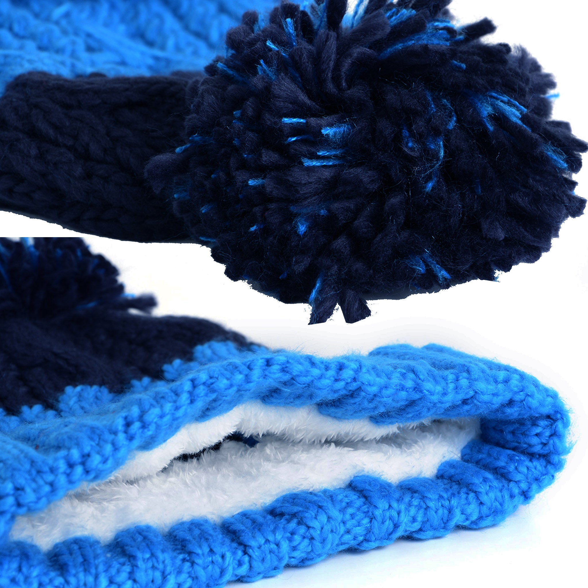 Charlie McLeod Knitted Beanie Bobble Hat | Azure/Navy Detail