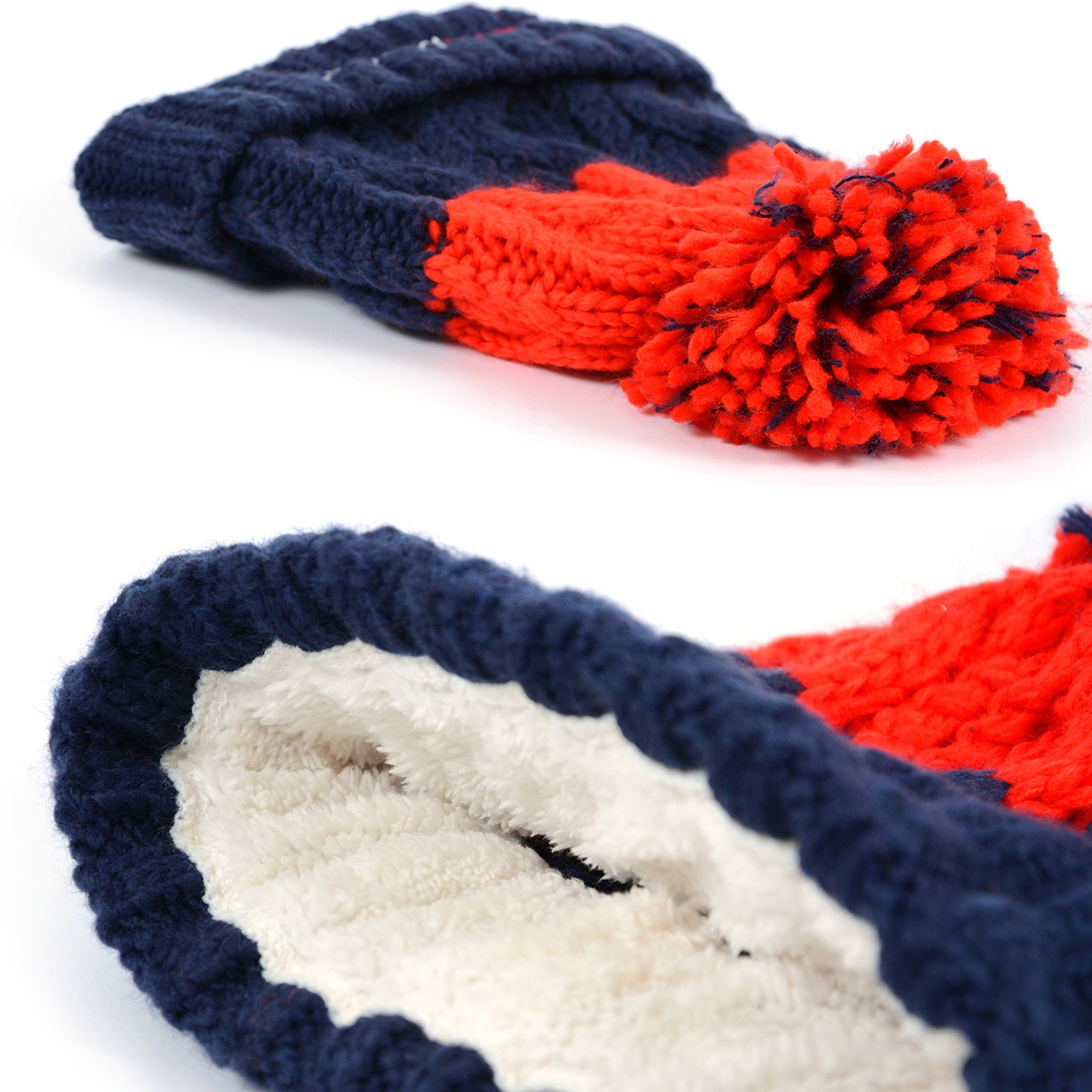 Charlie McLeod Knitted Beanie Bobble Hat | Navy/Red Detail