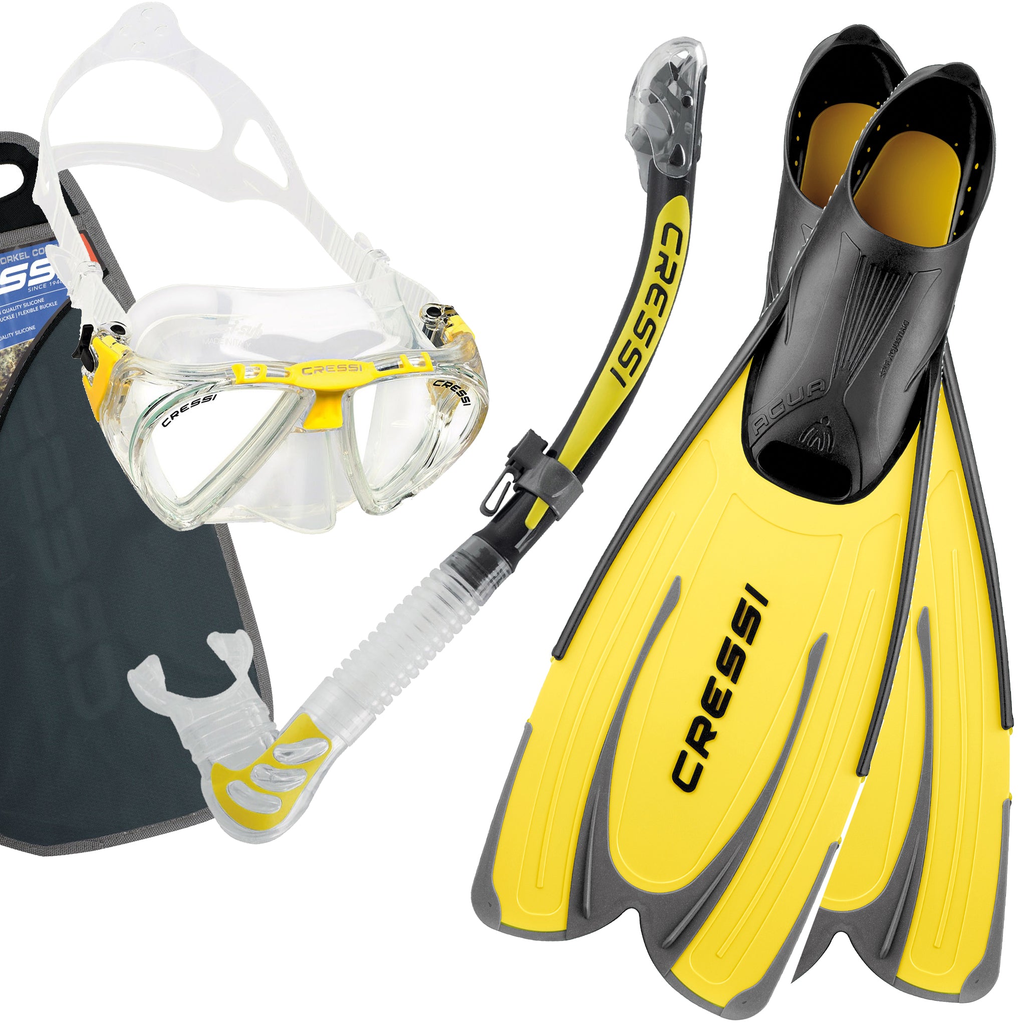 Cressi Penta Mask & Alpha Ultra Dry Snorkel Set & Cressi Agua Adult Snorkelling Fins | Yellow