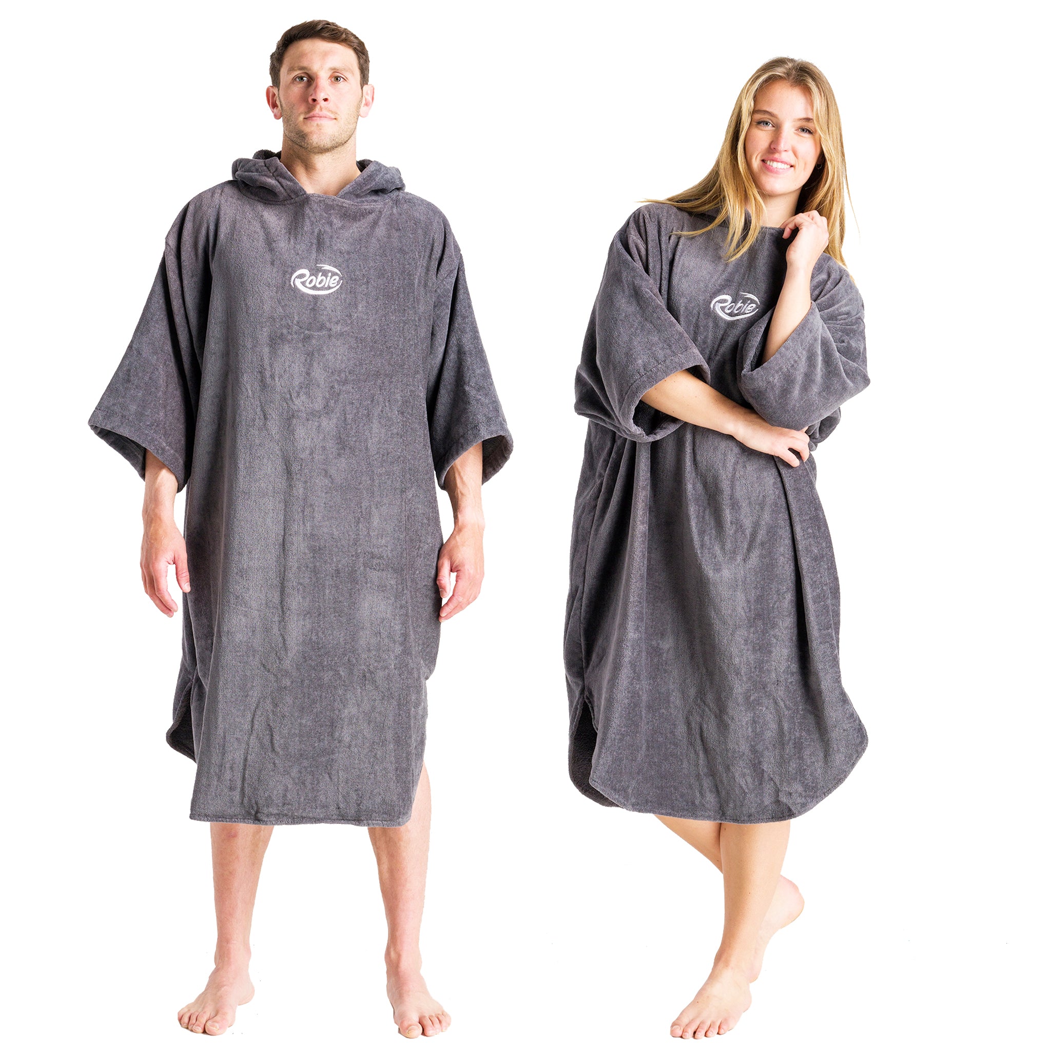 Robie Robes Adult Original Long Sleeve Towelling Beach Changing Poncho - Steel Grey