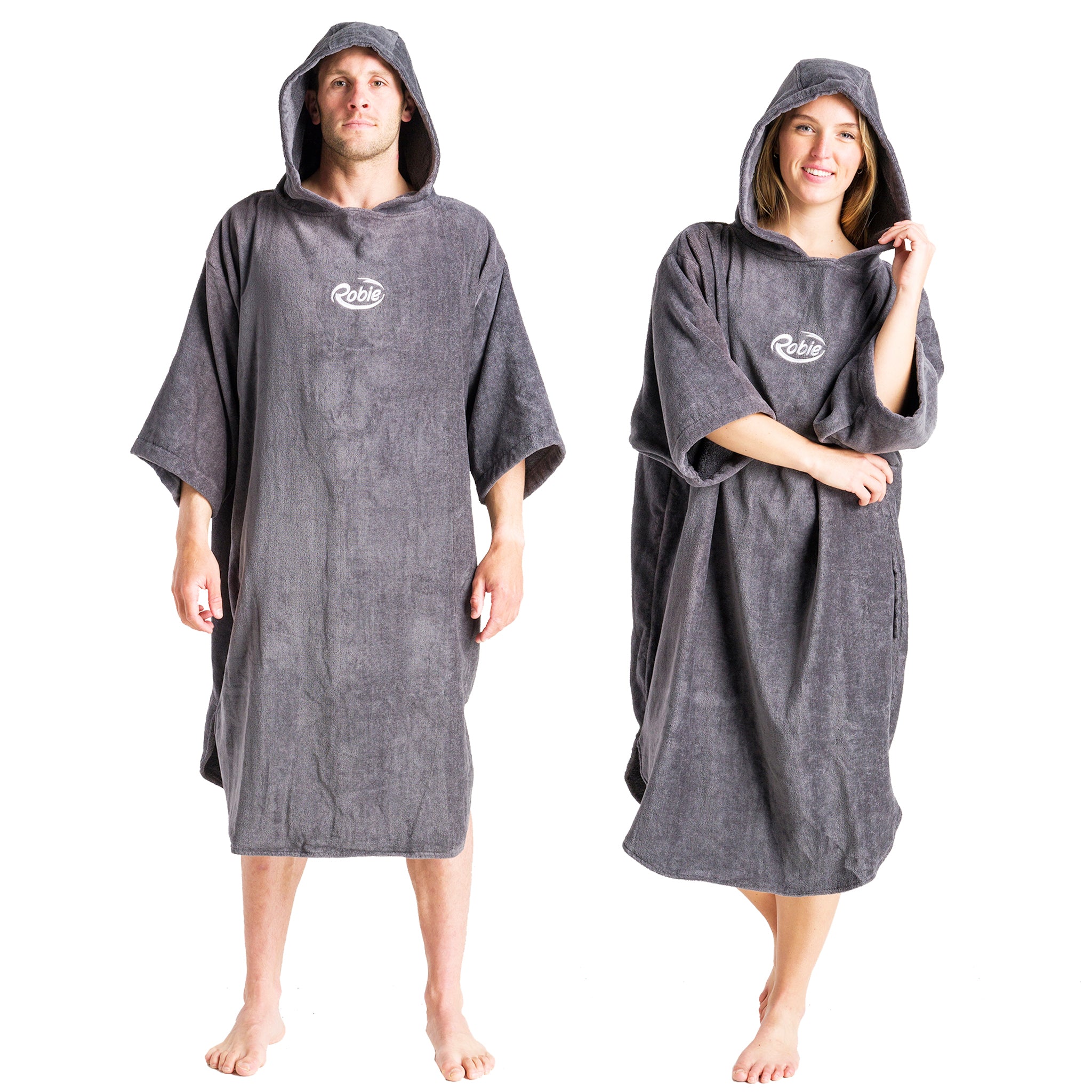 Robie Robes Adult Original Long Sleeve Towelling Beach Changing Poncho - Steel Grey | Hoods up