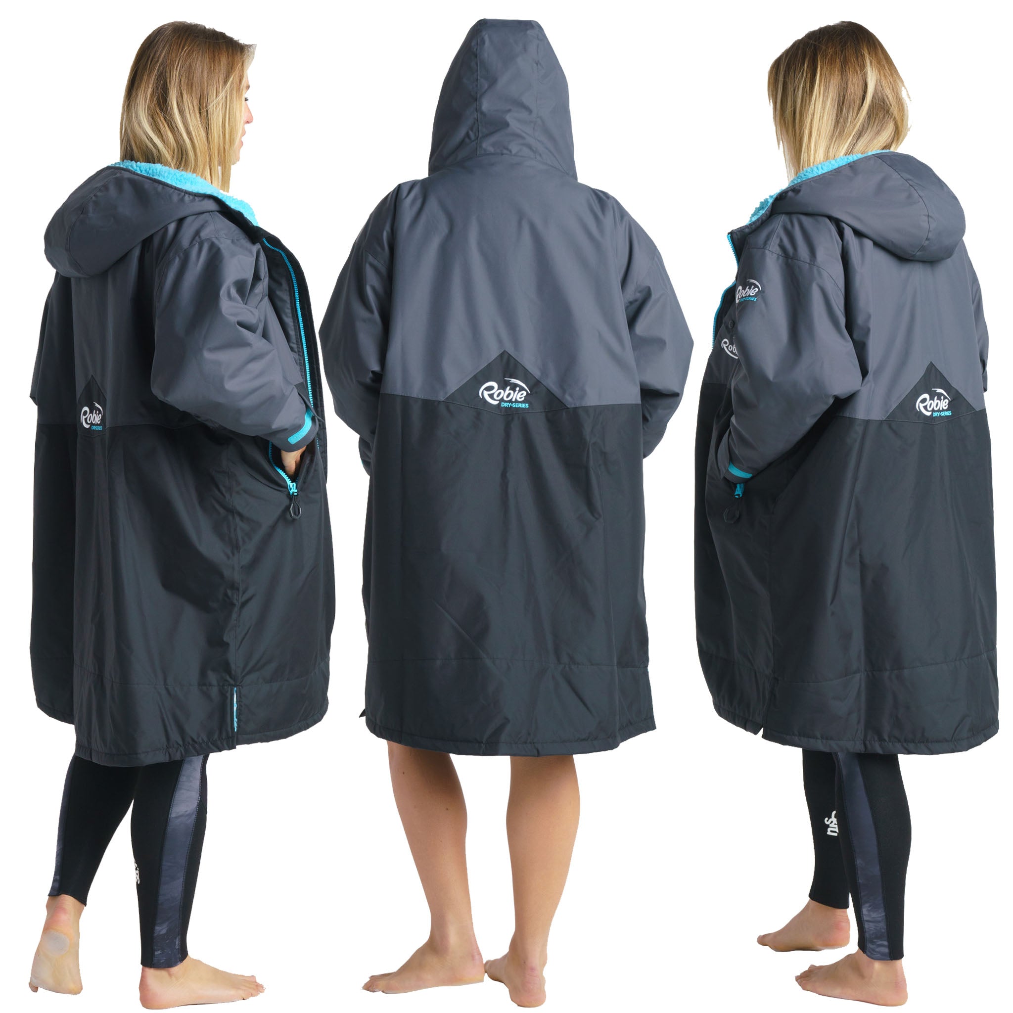 Robie Dry-Series Eco Long Sleeve Hooded Changing Robe Unisex Black/Charcoal - Back & Sides