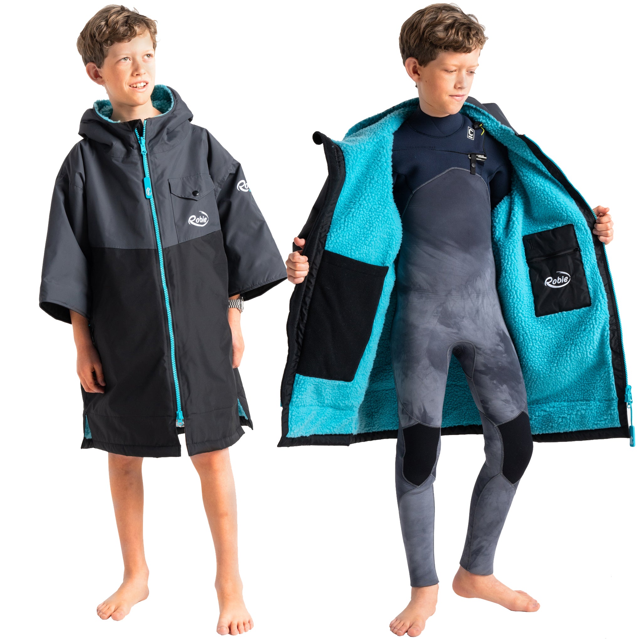 Robie JUNIOR Dry Series Recycled SHORT Sleeve Changing Robe - Black Charcoal Blue - Inside and Out
