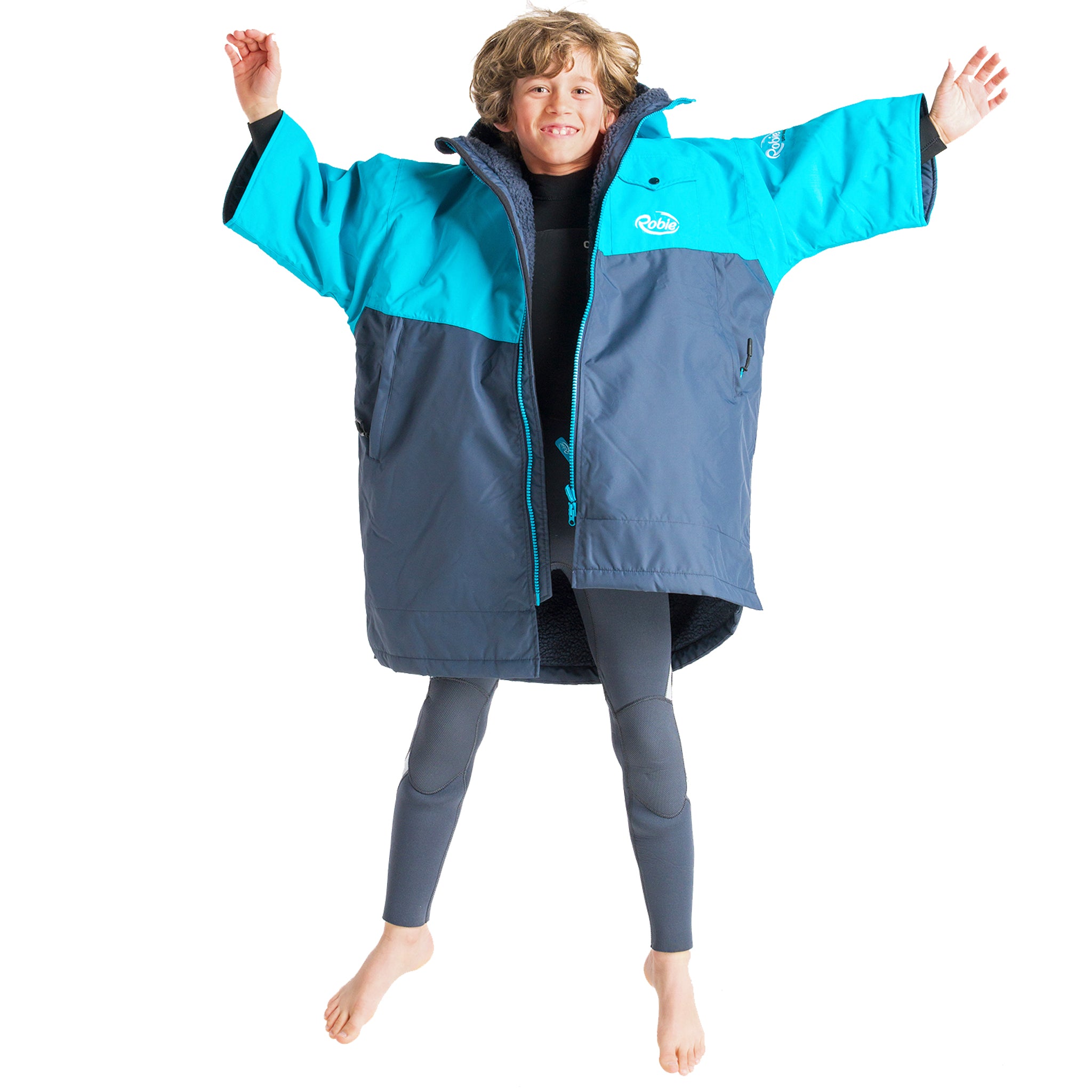 Robie JUNIOR Dry Series Recycled SHORT Sleeve Changing Robe - India Ink/Blue Atoll | Jumping