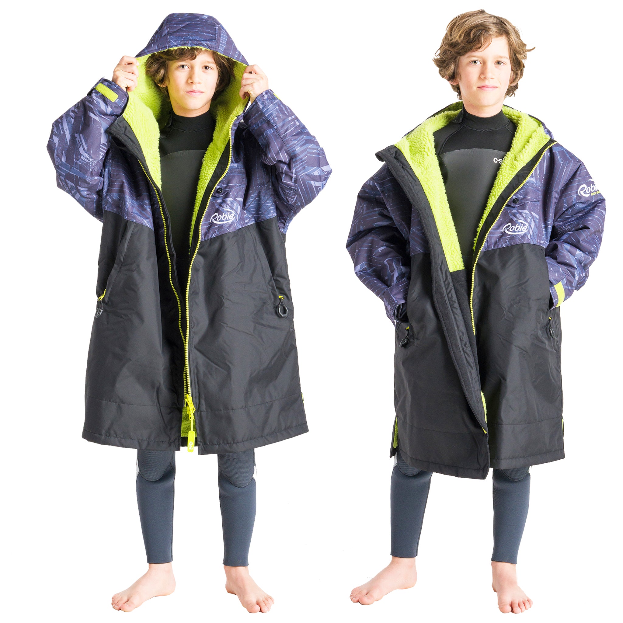 Robie JUNIOR Dry Series Recycled Long Sleeve Changing Robe - Black/Shade/Lime | Front