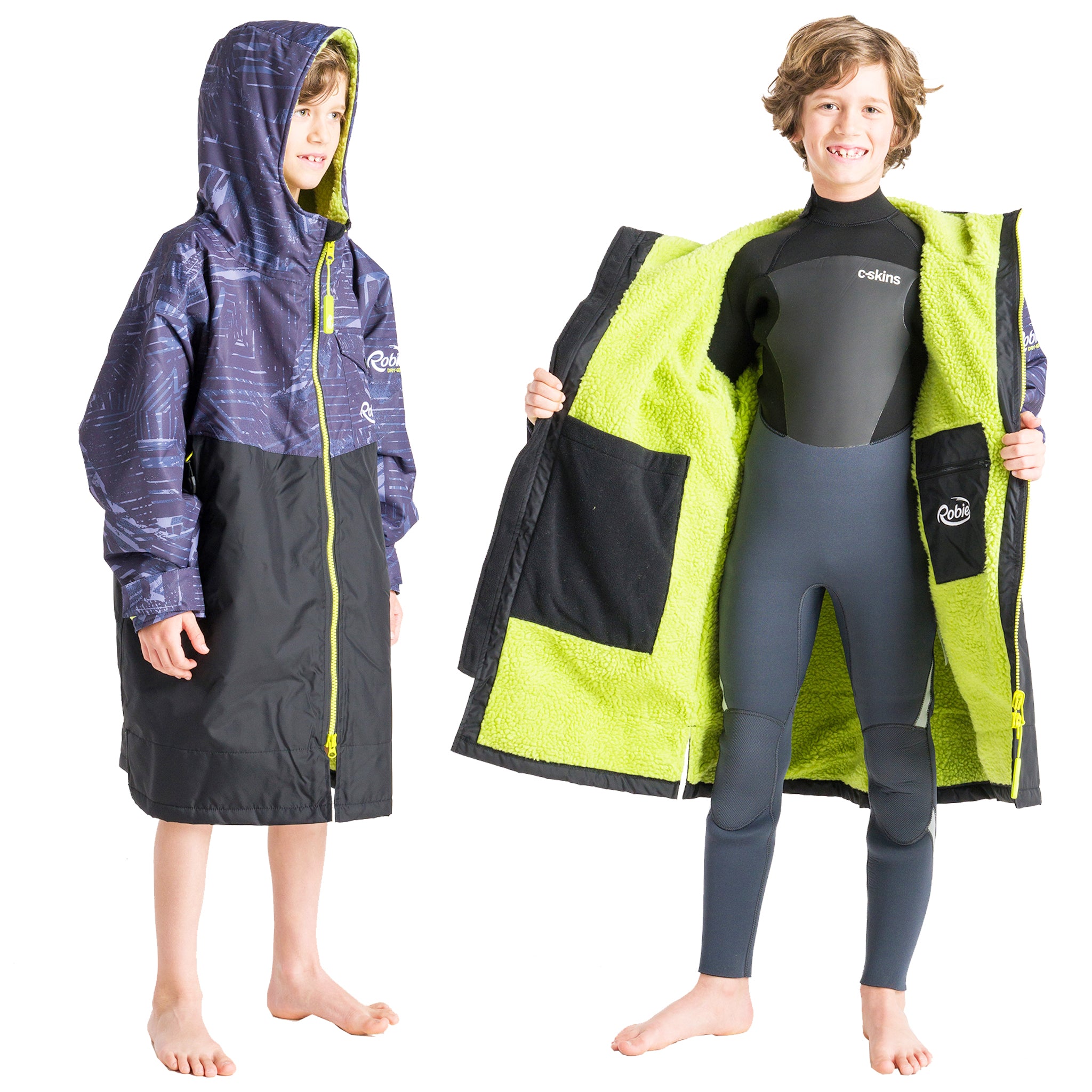 Robie JUNIOR Dry Series Recycled Long Sleeve Changing Robe - Black/Shade/Lime | Open