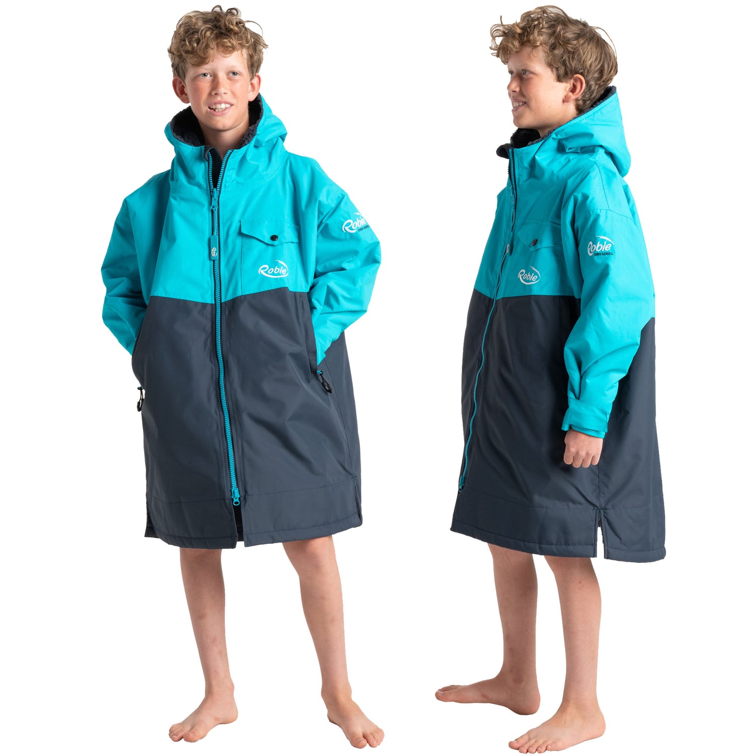 Robie JUNIOR Dry Series Recycled Long Sleeve Changing Robe - India Ink Blue | Front & Left Side