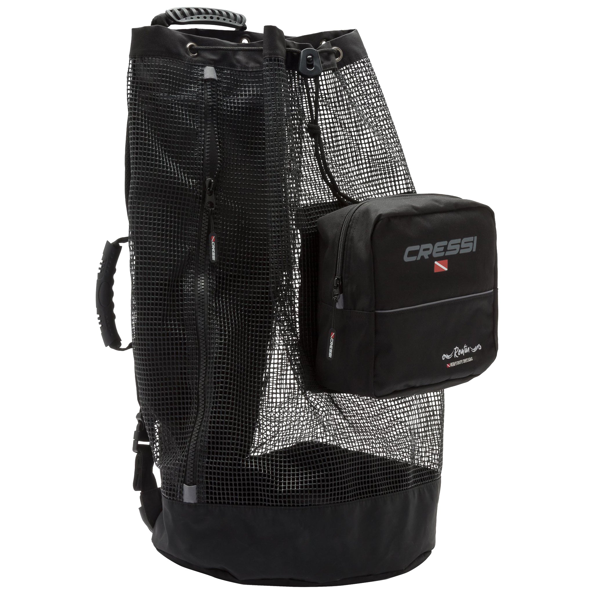 Cressi Roatan 123L Mesh Dive Backpack | Empty showing size zip entry