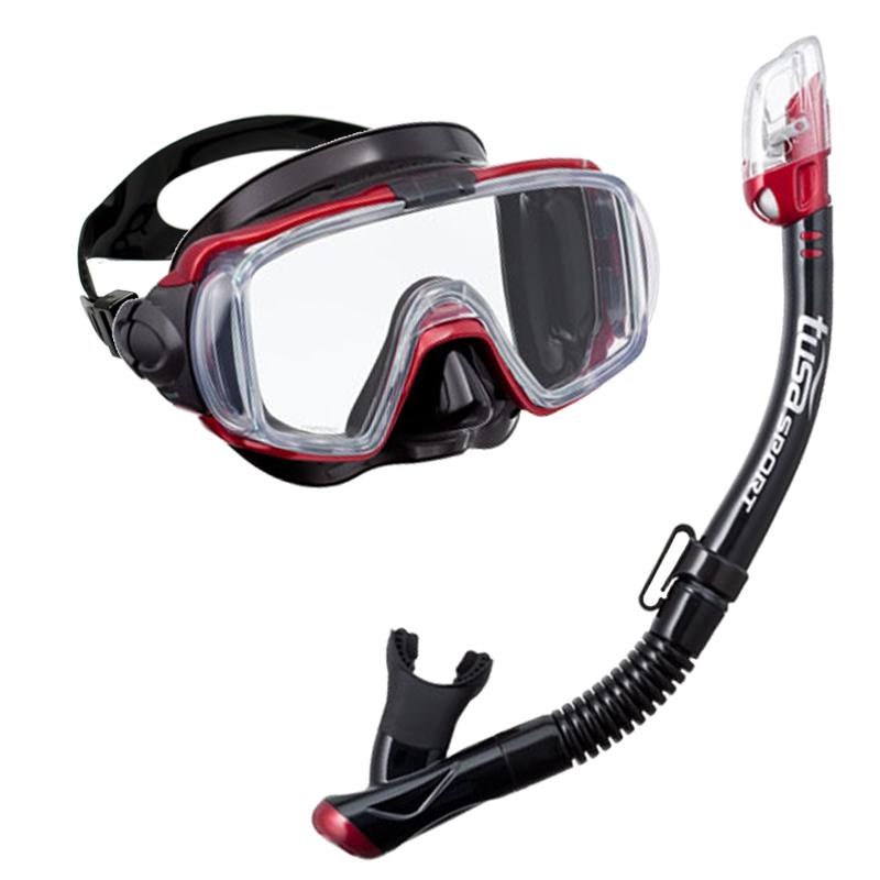 TUSA Visio Tri-Ex Mask & Elite Dry Snorkel Set | Black/Red